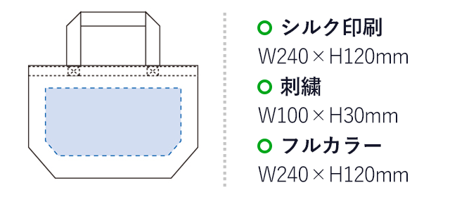 キャンバストート（S）（tTR-0125）名入れ画像 プリント範囲 シルク印刷・フルカラーw240×120mm 刺繍w100×h30mm