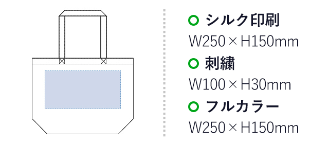 キャンバスファームトート（tTR-0409）名入れ画像 プリント範囲 シルク印刷・フルカラーw250×h150mm 刺繍w100×h30mm