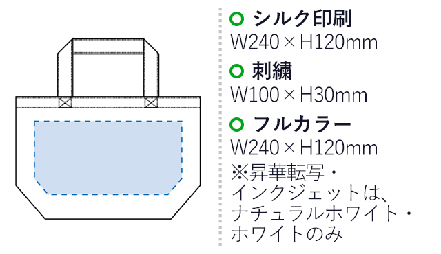 ポリキャンバストート（S）（tTR-0561）　シルク印刷：W240×H120mm　刺繍：W100×H30mm　フルカラー：W240×H120mm