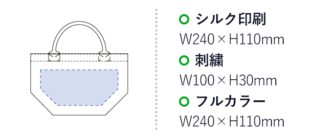 デニムパイプハンドルトート（S）名入れ画像 プリント範囲 シルク印刷・フルカラーw240×h110mm 刺繍w100×h30mm