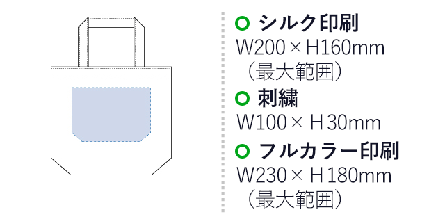 キャンバスデイリートート（SM）（tTR-0750）名入れ画像 プリント範囲 シルク印刷・フルカラーw190×h130mm 刺繍w100×h30mm