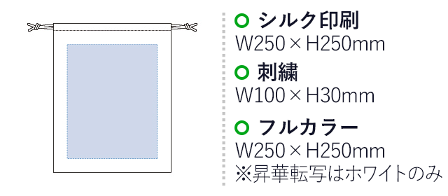 マルチ巾着（tTR-0768）名入れ画像 プリント範囲 シルク印刷・フルカラーw250×h250mm 刺繍w100×h30mm