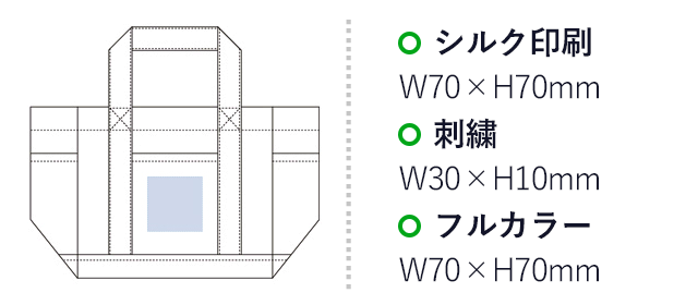 厚手キャンバスポケットマルチトート（S）名入れ画像 プリント範囲 シルク印刷・フルカラーw70×h70mm 刺繍w30×h10mm