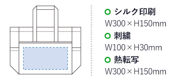 コンビカラートート（tTR-0884）名入れ画像 プリント範囲 シルク印刷・熱転写w300×h150mm 刺繍w100×h30mm