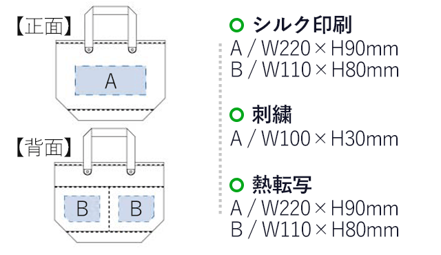 厚手キャンバスレザーハンドルトート（S）（tTR-0891）名入れ画像 プリント範囲 シルク印刷・熱転写：正面w220×h90mm 背面w110×h80mm 刺繍：正面w100×h30mm