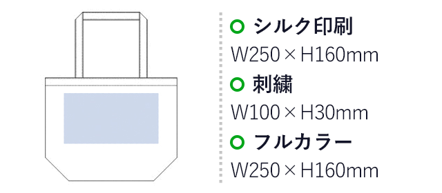 コットンファームトート（tTR-0910）名入れ画像 プリント範囲 シルク印刷・フルカラーw250×160mm 刺繍w100×h30mm