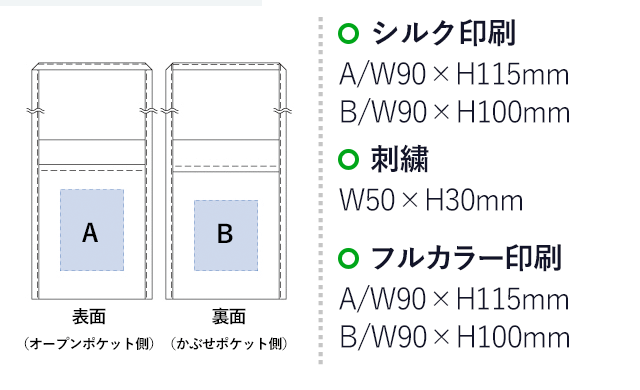 厚手コットンミニサコッシュ(tTR-0998) 名入れ画像 A：シルク印刷W90×H115mm 刺繍W50×H30mm フルカラー印刷W90×H115mm B：シルク印刷W90×H100mm 刺繍W50×H30mm フルカラー印刷W90×H100mm