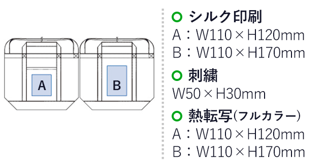 キャンバスラインショルダートート（tTR-1010）シルク印刷：A/W110×H120mm、B/W110×H170mm　刺繍：W50×H30mm　熱転写（フルカラー）：A/W110×H120mm、B/W110×H170mm