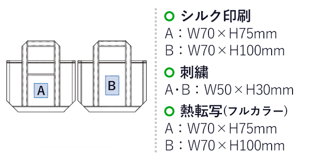 厚手キャンバスBCトート（S）（tTR-1019）シルク印刷：A/W70×H75mm、B/W70×H100mm　刺繍：A・B/W50×H30mm　熱転写（フルカラー）：A/W70×H75mm、B/W70×H100mm