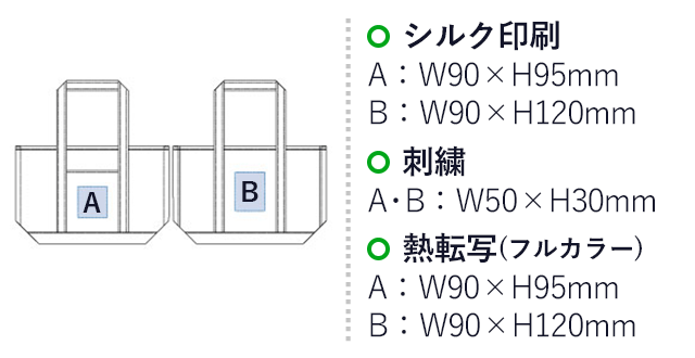 厚手キャンバスBCトート（M）（tTR-1020）シルク印刷：A/W90×H95mm、B/W90×H120mm　刺繍：A・B/W50×H30mm　熱転写（フルカラー）：A/W90×H95mm、B/W90×H120mm