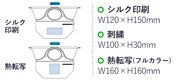 クルリト ビッグマルシェバッグ（tTR-1036）シルク印刷：W120×H150mm　刺繍：W100×H30mm　熱転写（フルカラー）：W160×H160mm