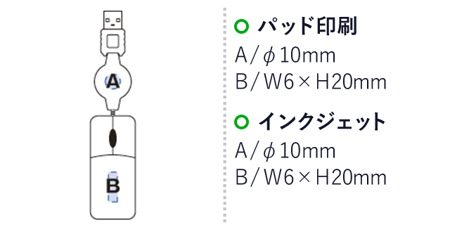 名入れ画像　パッド印刷 A：φ10mm、B：W6×H20mm　インクジェット A：φ10mm、B：W6×H20mm