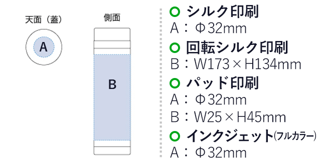 スリムサーモステンレスボトル 300ml（tTS-0844）パッド印刷：A/Φ32mm　回転シルク印刷：B/W173×H134mm　パッド印刷：A/WΦ32mm、B/W25×H45mm　インクジェット（フルカラー）：A：φ32mm