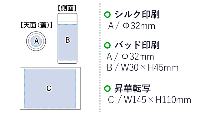 ステンレスカフェボトル 昇華転写対応(tTS-0978-044)名入れ画像 プリント範囲 パッド印刷：蓋部分φ32mm 側面w30×h45mm シルク印刷：蓋部分φ32mm 昇華転写w145×h110mm