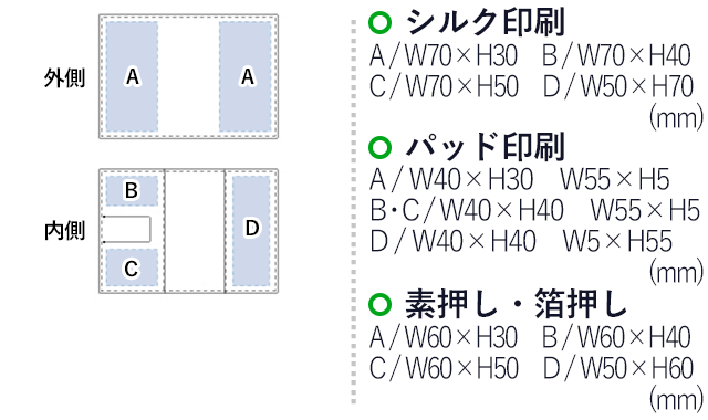 レザーブックカバー（tTS-0989）シルク印刷　A/W70×H30　B/W70×H40　C/W70×H50　D/W50×H70mm　パッド印刷　A/W40×H30mm　W55×H5mm　B・C/W40×H40　W55×H5mm　D/W40×H40　W5×H55mm　素押し・箔押し　A/W60×H30mm　B/W60×H40mm　C/W60×H50mm　D/W50×H60mm