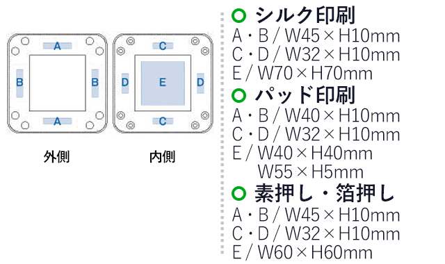 レザーボタントレイ（tTS-1037）名入れ画像　シルク印刷：A・B/W45×H10mm C・D/W32×H10mm E/W70×H70mm　パッド印刷：A・B/W40×H10mm C・D/W32×H10mm E/W40×H40mm W55×H5mm　素押し・箔押し：A・B/W45×H10mm C・D/W32×H10mm E/W60×H60mm