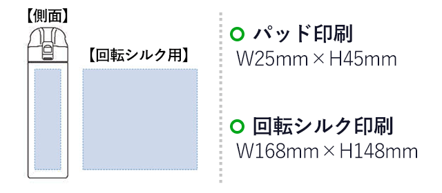 ワンタッチスリムサーモボトル 320ml（tTS-1125）名入れ画像 プリント範囲 パッド印刷w25×h45mm シルク印刷w168×h148mm