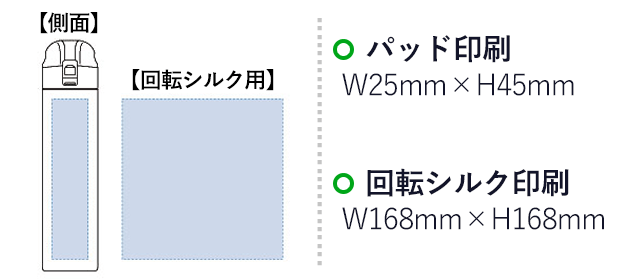 ワンタッチスリムサーモボトル 360ml（tTS-1126）名入れ画像 プリント範囲 パッド印刷w25×h45mm 回転シルク印刷w168×h168mm