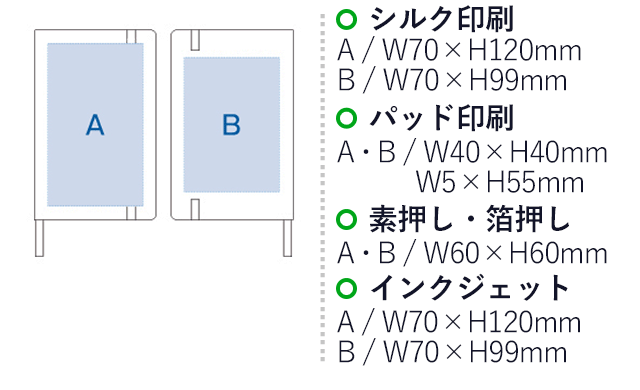 ハードカバーミニノート(罫線)（メタリックカラー）シルク印刷　A/W70×H120mm　B/W70×H99mm　パッド印刷　A・B/W40×H40mm　W5×H55　素押し・箔押し　A・B/W60×H60mm　インクジェット　A/W70×H120mm　B/W70×H99mm