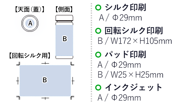 スリムクリアボトル（S）【一部カラー在庫なし】（tTS-1211）名入れ画像　シルク印刷：A/φ29mm、パッド印刷：A/φ29mm　B/W25×H25mm　インクジェット印刷：A/φ29mm