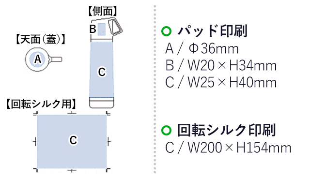 ピクニックサーモボトル 500ml（tTS-1221）名入れ画像 プリント範囲 パッド印刷：蓋天面φ36mm 蓋側面w20×h34mm ボトル側面w25×h40mm 回転シルク印刷w200×h154mm