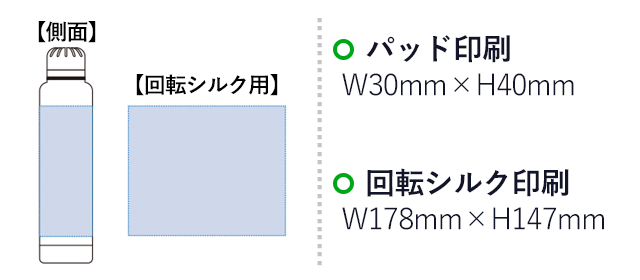 スティックサーモボトル（tTS-1239）パッド印刷：W30×H40mm　回転シルク印刷：W178×H147mm