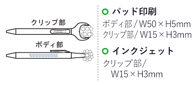 ローラー付ボールペン（tTS-1260）パッド印刷　ボディ部/W50×H5mm　クリップ部/W15×H3mm　インクジェット　クリップ部/W15×H3mm