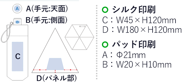 スタンダードUV折りたたみ傘（tTS-1283-1182）名入れ画像　シルク印刷：C/W45×H120mm、D/W180×H120mm　パッド印刷：A/Φ21mm、B/W20×H10mm