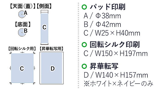 スリムボトルUV折りたたみ傘（tTS-1286-1253）名入れ画像　パッド印刷 A：WΦ38mm、B：φ42mm、C：W25×H40mm　回転シルク印刷 C：W150×H197mm　昇華転写（ホワイト×ネイビーのみ） D：W140×H157mm