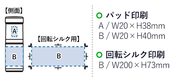 ステンレスサーモボトル(250ml)(黒)(hi044342)名入れ画像 プリント範囲 パッド印刷：側面上部w20×h38mm 側面下部w20×h40mm 回転シルク印刷w200×h73mm