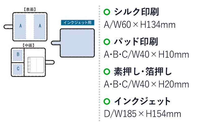 レザーマルチスマホケース（tTS-1306）名入れ画像　シルク印刷：A/W60×H134mm　パッド印刷：A・B・C/W40×H10mm　素押し・箔押し：A・B・C/W40×H20mm　インクジェット：D/W185×H154mm