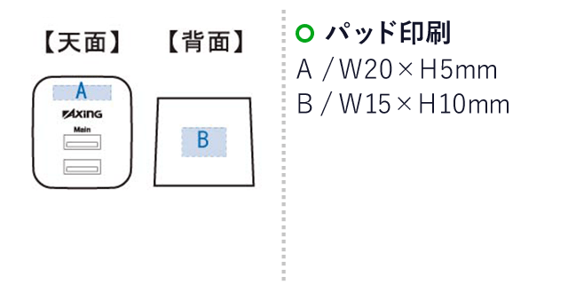 USBコンセントチャージャー2.1A 2ポート（tTS-1319）名入れ画像　パッド印刷：A/W20×H5mm　B/W15×H10mm