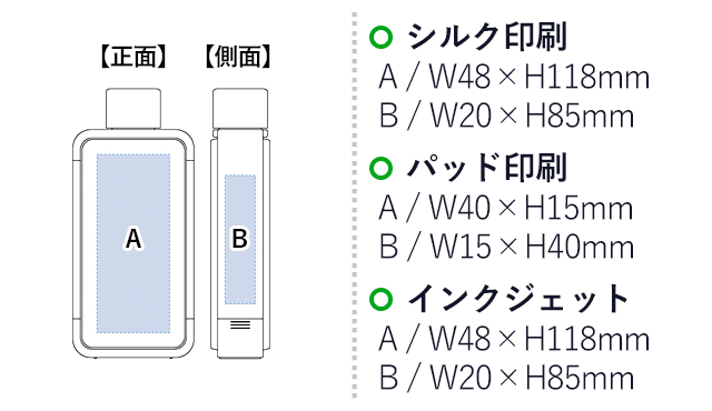 フレームスクエアボトル（tTS-1370）名入れ画像 プリント範囲 正面：シルク印刷・インクジェットw48×h118mmパッド印刷w40×h15mm 側面：シルク印刷・インクジェットw20×h85mmパッド印刷15×h40mm