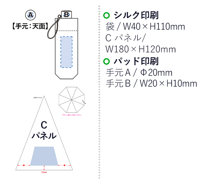 ベーシック折りたたみ傘（tTS-1389）シルク印刷：袋/W40×H110mm　C パネル/W180×H120mm　パッド印刷　手元A/φ20mm　手元B/W20×H10mm