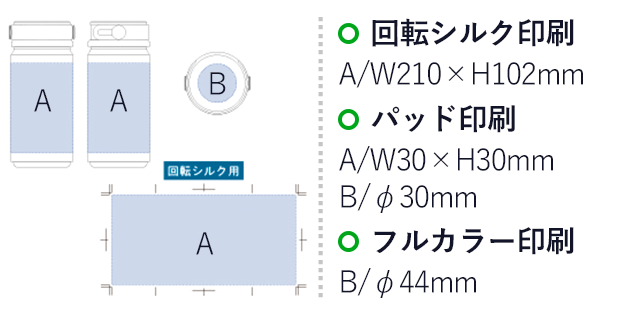 zalattoサーモハンドルスタイルボトル　350ml（tTS-1411）名入れ画像 パッド印刷Ａ：Ｗ30×Ｈ30mm/B：φ30mm 回転シルク印刷A：W210×H102mm フルカラー印刷B：φ44mm