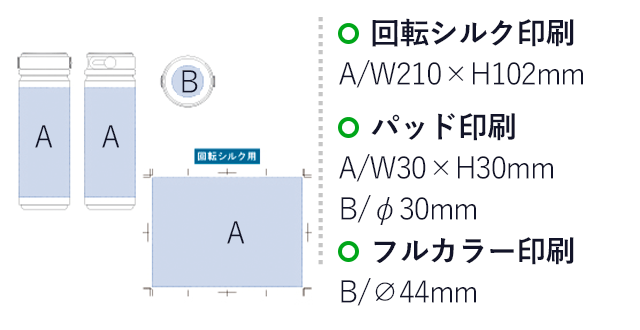 Ｚａｌａｔｔｏサーモハンドルスタイルボトル　５００ｍｌ（tTS-1412）名入れ画像 パッド印刷Ａ：Ｗ30×Ｈ30mm/B：φ30mm 回転シルク印刷A：W210×H153mm フルカラー印刷B：φ44mm