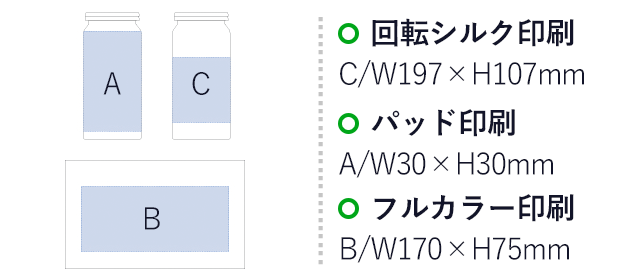 缶型アルミタンブラー　昇華転写対応（tTS-1434）名入れ画像 回転シルク印刷C：W197×H107mm パッド印刷Ａ：W30×H30mm フルカラー印刷B：W170×H75mm