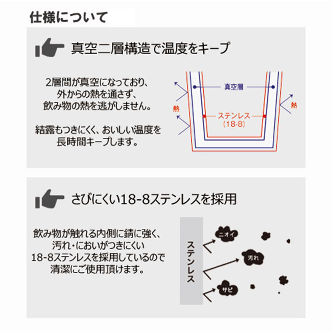 Zalattoサーモタンブラー 450ml（tTS-1507）仕様について/真空二層構造、18-8ステンレス