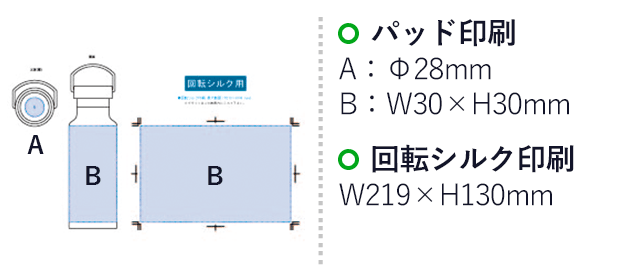 メタルハンドルサーモボトル（tTS-1515）パッド印刷：A/Φ28mm、B/W30×H30mm　回転シルク印刷：B/W219×H130mm