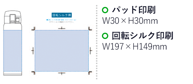 ワンタッチカービングサーモボトル 480ml（tTS-1535）パッド印刷：W30×H30mm　回転シルク印刷：W197×H149mm