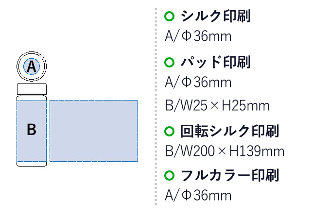 スリムフロストボトル 500ml（tTS-1566）名入れ画像　シルク印刷/Aφ36mm　パッド印刷/Aφ36mm　B/W25×H25mm　回転シルク印刷/Ｗ200×Ｈ139ｍｍ フルカラー印刷/φ36ｍｍ