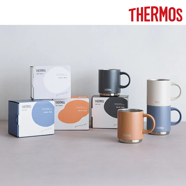 サーモス(THERMOS)真空断熱マグカップ 350ml/JDS(JDS-352) 商品パッケージと4色のカラーバリエーション