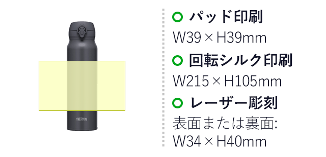 サーモス(THERMOS)真空断熱ケータイマグ 750ml/JNL（JNL-756）名入れ画像　パッド印刷：W39×H39mm　回転シルク印刷：W215×H105mm　レーザー彫刻：表面または裏面:W34×H40mm