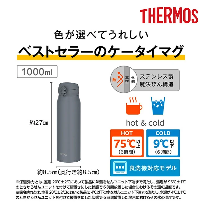 サーモス(THERMOS)真空断熱ケータイマグ 1000ml/JNL-S(JNL-S1001) 保温75℃以上・保冷9℃以下(6時間)、食洗機対応のベストセラーマグ