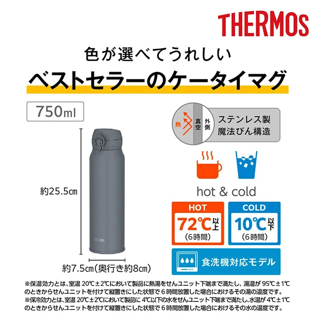 サーモス(THERMOS)真空断熱ケータイマグ 750ml/JNL-S(JNL-S751) ステンレス魔法びん構造で保温72℃・保冷10℃を6時間キープ、食洗機対応
