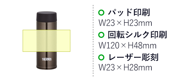 サーモス(THERMOS)真空断熱ポケットマグ 120ml（thJOJ-120）名入れ画像　パッド印刷：W23×H23mm　回転シルク印刷：W120×H48mm　レーザー彫刻：W23×H28mm