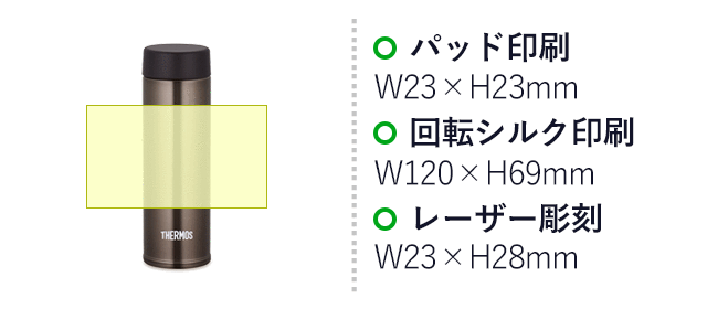 サーモス(THERMOS)真空断熱ポケットマグ 150ml（thJOJ-150）名入れ画像　パッド印刷：W23×H23mm　回転シルク印刷：W120×H69mm　レーザー彫刻：W23×H28mm