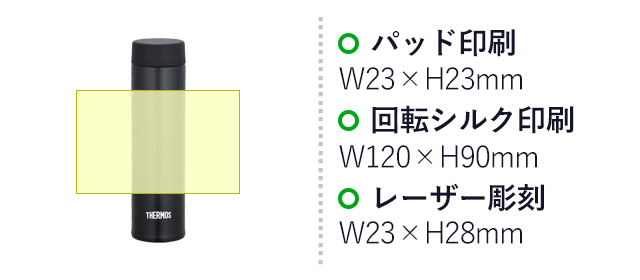 サーモス(THERMOS)真空断熱ポケットマグ 180ml（thJOJ-180）名入れ画像　パッド印刷：W23×H23mm　回転シルク印刷：W120×H48mm　レーザー彫刻：W23×H28mm