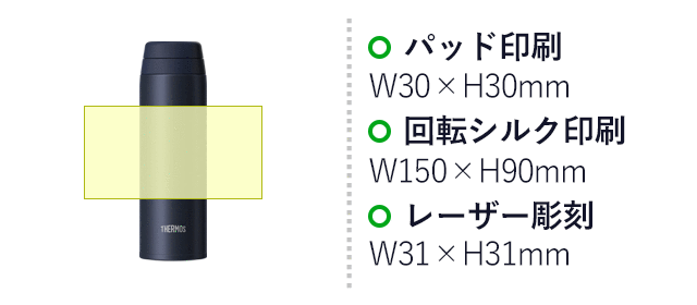 サーモス(THERMOS)真空断熱ケータイマグ  350ml/JOR（JOR-350）名入れ画像　パッド印刷：W30×H30mm　回転シルク印刷：W150×H90mm　レーザー彫刻：W31×H31mm