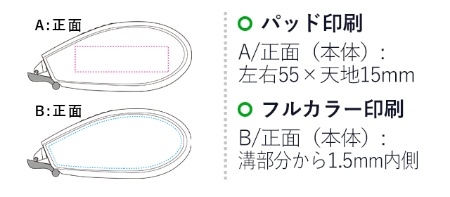 テープのり　ピットエアー/トンボ鉛筆（tomPN-MASX2）パッド印刷　A/正面（本体）：左右55mm×天地15mm　フルカラー印刷　B/正面（本体）溝部分から1.5mm内側